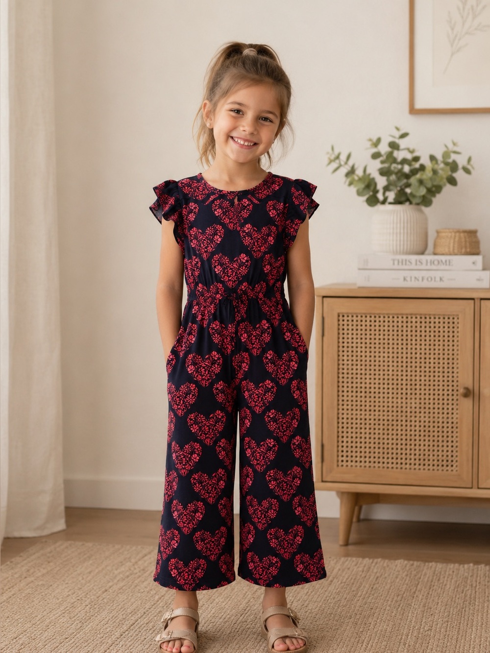 Picapino Girls Floral Heart Print Flutter Sleeve Black Red Jumpsuit Romper 7